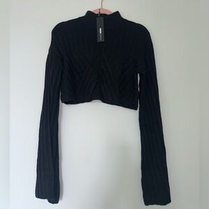 Fashion Nova Black Cropped Ribbed Sweater with Bell Sleeves